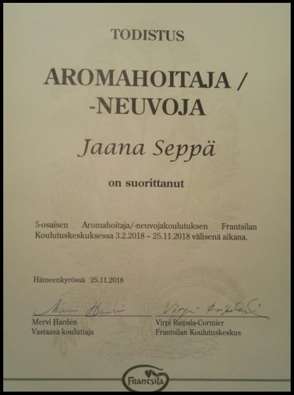 Aromahoitaja-koulutuksen todistus